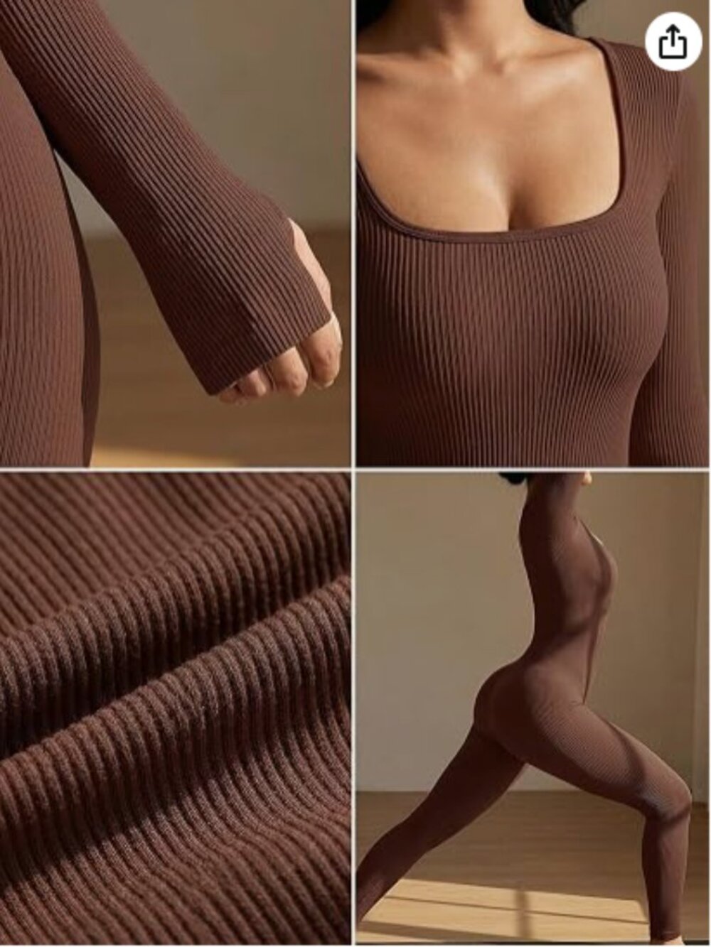 One-Piece Ribbed Jumpsuits Long Sleeve Romper Active w/ Thumb Holes in Brown